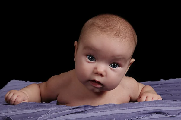 Маленька дівчинка лежить на фіолетовій ковдрі — стокове фото