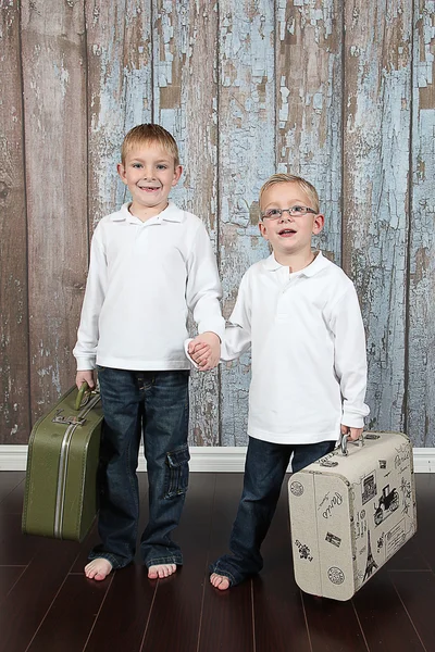 Cute little boys holding suitcase — Stock Photo, Image