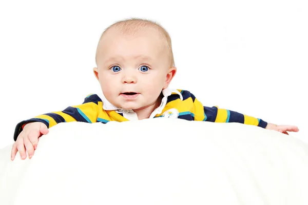 Cute little baby boy in striped shirt — Stock Photo, Image