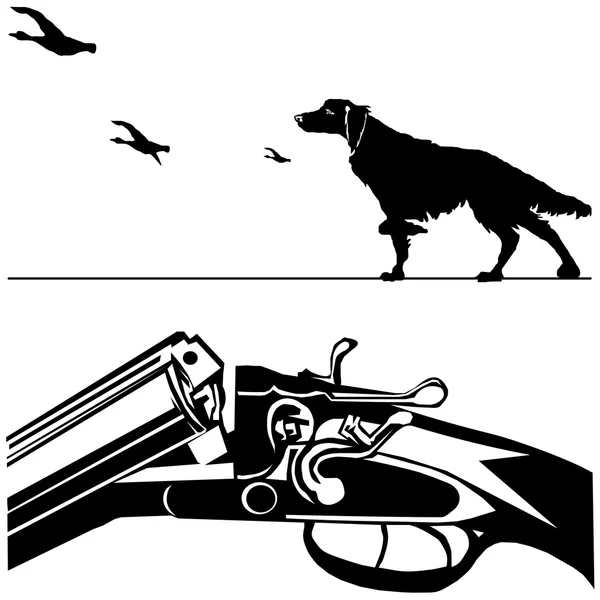 Caza rifle perro pato negro silueta blanco fondo vector — Archivo Imágenes Vectoriales