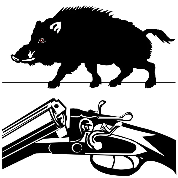Rifle de caza jabalí cerdo negro silueta blanco fondo ve — Archivo Imágenes Vectoriales