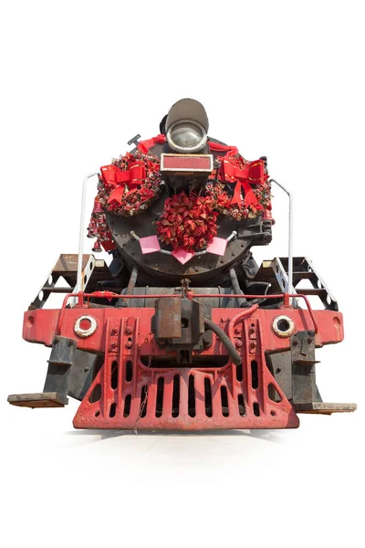 Stará Parní Lokomotiva Červenou Výzdobou Izolovaná Bílém Pozadí Pohled Zepředu — Stock fotografie