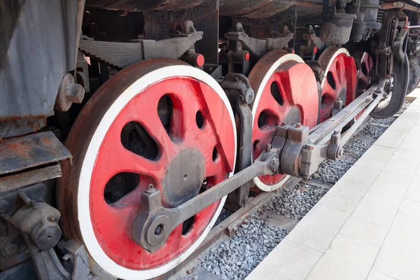 Primo Piano Girato Parte Locomotiva Vapore Ruota Asse Albero Motore — Foto Stock