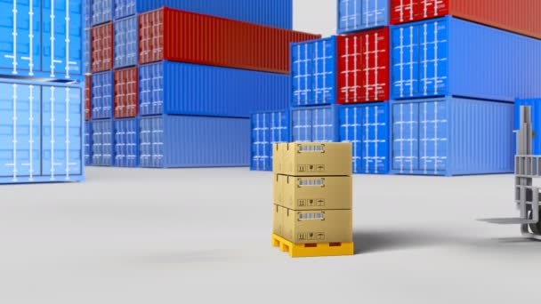 Container en veel van kartonnen dozen op een pallet, geïsoleerd op witte achtergrond — Stockvideo