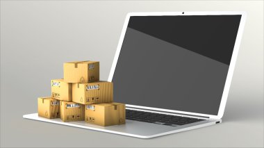 Sevkiyat, teslimat ve lojistik teknoloji iş endüstriyel kavramı. Yığın yığın Oluklu karton ambalajlama kutularının üstünde bilgisayar Pc laptop. Teslimat kavramı.