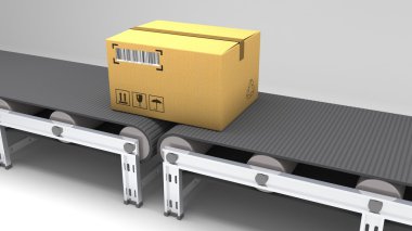 Paketleri teslim, hizmet ve parsel ulaşım sistemi kavramı, ambar, 3d çizim konveyör üzerine karton kutular bant ambalaj