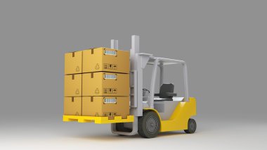 Palet üzerindeki kutuları ile forklift kamyon. Kargo. 3D