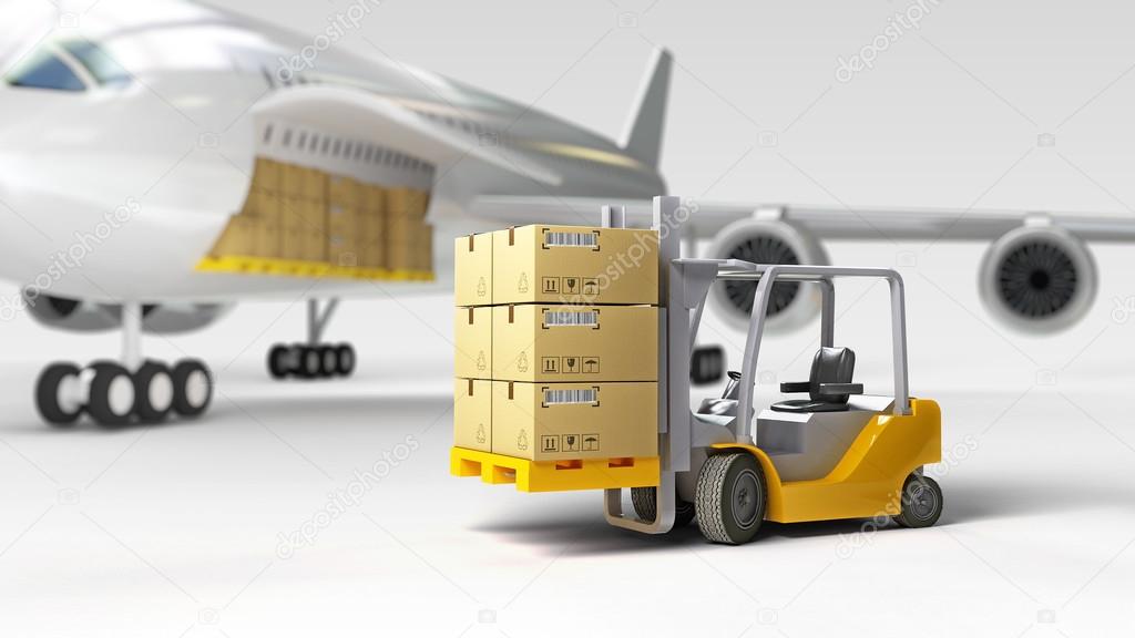 Cargo wide-body plane and aircraft passenger loader near terminal