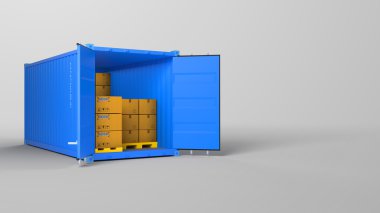 Rojas abrieron el contenedor y muchas cajas de cartón en una tarima, aislado sobre fondo blanco