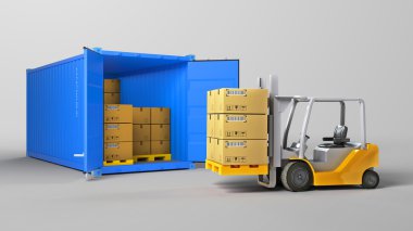 Rojas abrieron el contenedor y muchas cajas de cartón en una tarima, aislado sobre fondo blanco