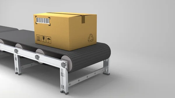 Paket pengiriman, jasa kemasan dan paket konsep sistem transportasi, kotak kardus di ban berjalan di gudang, ilustrasi 3d — Stok Foto
