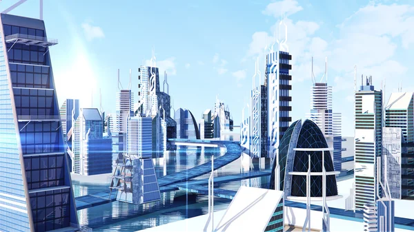 未来派科幻城市街景、 3d 数字呈现的图 — 图库照片
