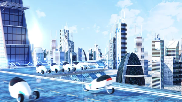 Futuristiska sci-fi staden Gatuvy, digitalt renderade 3d illustration Royaltyfria Stockbilder