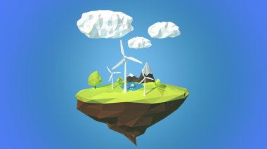 Wind turbines on floating island, low poly style. clipart