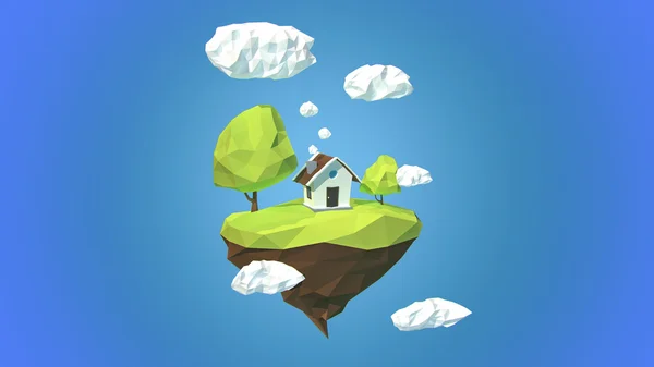 Floating island with house and clouds in the sky — Stock Photo, Image