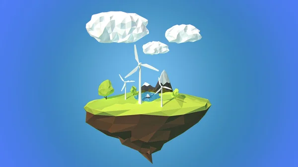 Větrné turbíny na plovoucí ostrov, nízké poly styl. — Stock fotografie