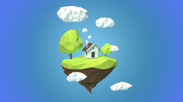 Isla flotante con casa y nubes en el cielo — Vídeos de Stock