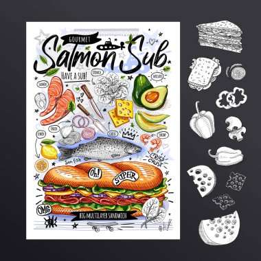 Yemek posteri, reklam, fast food, malzemeler, menü, sandviç, sandviç, atıştırmalık. Dilimlenmiş sebze, peynir, somon, avokado. Lezzetli karikatür izole vektörü