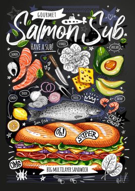 Yemek posteri, reklam, fast food, malzemeler, menü, sandviç, sandviç, atıştırmalık. Dilimlenmiş sebze, peynir, somon, avokado. Lezzetli karikatür izole vektörü