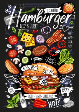 Yemek posteri, reklam, fast food, malzemeler, menü, hamburger. Dilimlenmiş sebze, çörek, pirzola, peynir, et, pastırma. Lezzetli çizgi film biçimi vektörü
