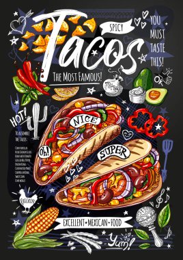Yemek posteri, reklam, fast food, menü, Meksika mutfağı, nachos, burrito, taco, aperatif. Avokado, peynir, fasulye, mısır, tavuk. Lezzetli çizgi film biçimi vektörü