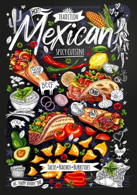 Yemek posteri, reklam, fast food, menü, Meksika mutfağı, nachos, burrito, taco, aperatif. Avokado, peynir, fasulye, mısır, tavuk. Lezzetli bir çizgi film tarzı. El çizimi vektör