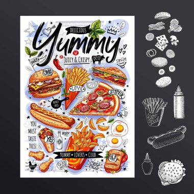 Yemek posteri, reklam, fast food, set, menü, burger, pizza dilimi, sandviç, rulo, tavuk, patates kızartması, sosisli sandviç, ızgara yumurta, atıştırmalık. Lezzetli bir çizgi film tarzı. vektör