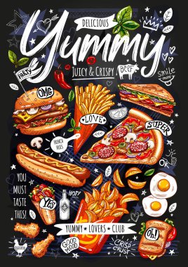 Yemek posteri, reklam, fast food, set, menü, burger, pizza dilimi, sandviç, rulo, tavuk, patates kızartması, sosisli sandviç, ızgara yumurta. Lezzetli çizgi film biçimi vektörü