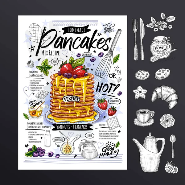 Плакат с едой, рецепт блинчиков, ингредиенты, домашние. Милый, печеные блины, клубника, завтрак, ягоды. Вкусный мультяшный стиль. Ручной вектор — стоковый вектор