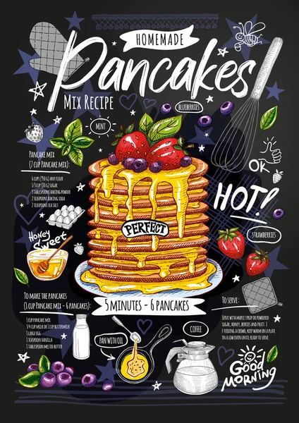 Food poster, pancakes recipe, ingredients, home made. Honey sweet, baked crepes, strawberry, breakfast, berries. Yummy cartoon style vector — Stock Vector