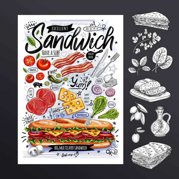Ételplakát, reklám, gyorskaja, hozzávalók, menü, szendvics, szendvics, szendvics, snack. Szeletelt zöldség, sajt, sonka, szalonna. Finom rajzfilm stílusú vektor — Stock Vector