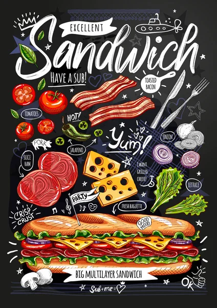 Manifesto di cibo, annuncio, fast food, ingredienti, menu, sandwich, sub, snack. Verdure affettate, formaggio, prosciutto, pancetta. Yummy vettore stile cartone animato — Vettoriale Stock