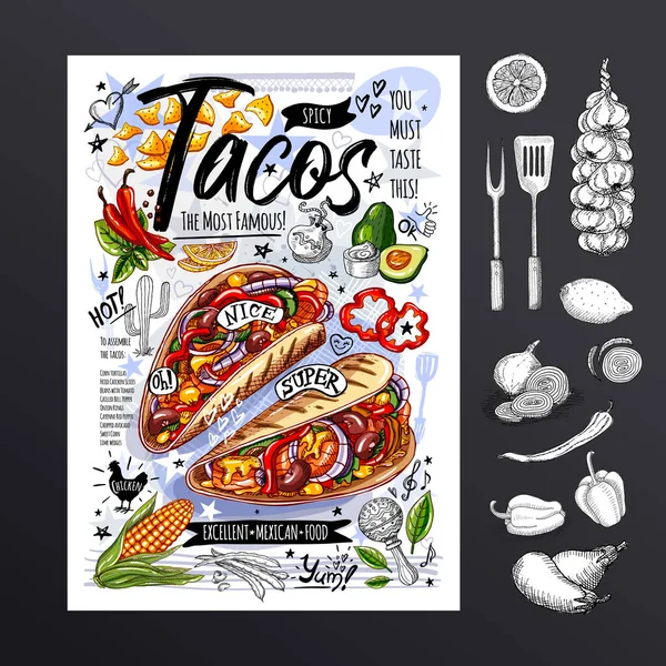 Poster makanan, iklan, makanan cepat saji, menu, masakan Meksiko, nacho, burrito, taco, makanan ringan. Alpukat, keju, kacang, jagung, ayam. Gaya kartun yang bagus. Vektor gambar tangan - Stok Vektor
