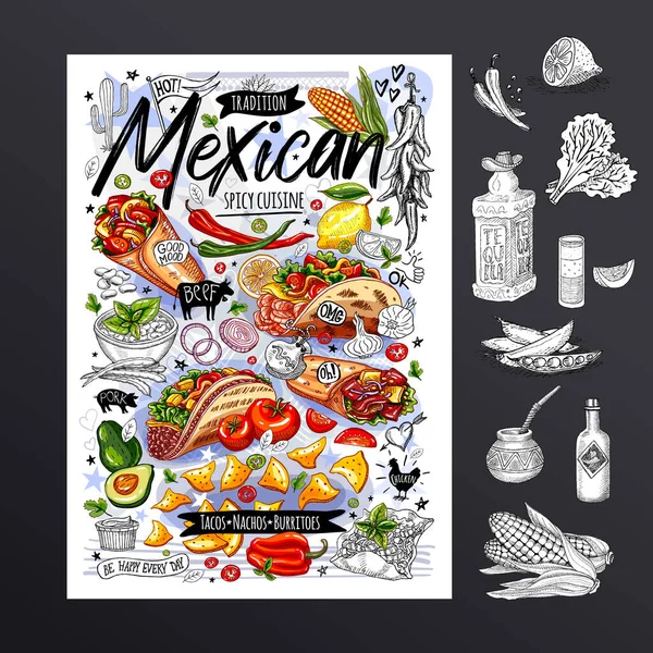 Cartel de comida, anuncio, comida rápida, menú, cocina mexicana, nachos, burritos, tacos, merienda. Aguacate, queso, frijol, maíz, pollo. Delicioso vector de estilo de dibujos animados — Archivo Imágenes Vectoriales