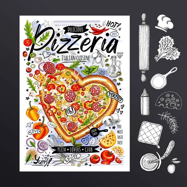 Poster makanan, iklan, makanan cepat saji, bahan-bahan, menu pizzeria, pizza, jantung. Sayur diiris, keju, pepperoni, percikan. Vektor gaya kartun Yummy - Stok Vektor