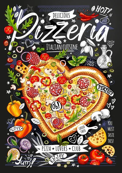 Manifesto gastronomico, pubblicità, fast food, ingredienti, menù pizzeria, pizza, cuore. Verdure affettate, formaggio, salame piccante, spruzzi. Delizioso stile cartone animato. vettore disegnato a mano — Vettoriale Stock