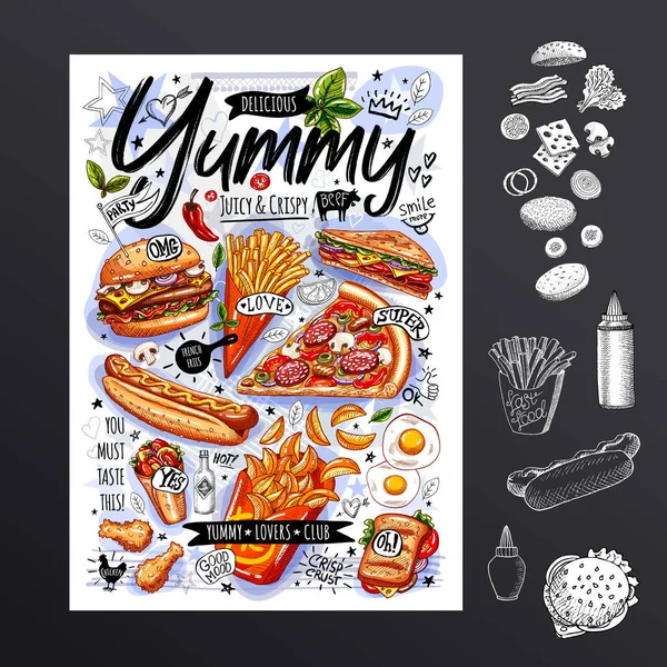 Plakát s jídlem, reklama, fast food, set, menu, burger, pizzu, sendvič, rolku, kuře, hranolky, hot dog, grilovaná vejce, svačinka. Báječný kreslený styl. vektor — Stockový vektor
