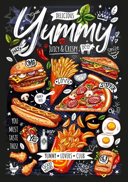 Poster makanan, iklan, makanan cepat saji, set, menu, burger, pizza slice, sandwich, roll, ayam, kentang goreng, hot dog, telur panggang. Vektor gaya kartun Yummy - Stok Vektor