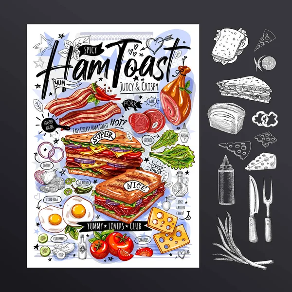 Cartel de comida, anuncio, comida rápida, set, menú, tostadas, sándwich, jamón, cerdo, tocino, huevos a la parrilla, lechuga, merienda. Delicioso estilo de dibujos animados. Vector dibujado a mano — Archivo Imágenes Vectoriales