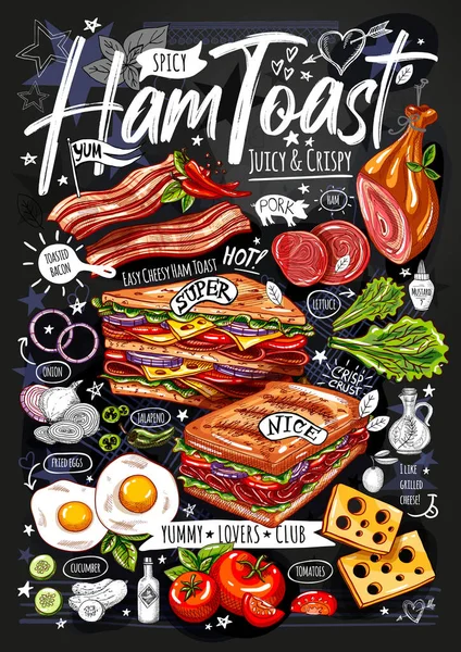 Poster makanan, iklan, makanan cepat saji, set, menu, roti panggang, sandwich, ham, daging babi, bacon, telur panggang, lsnack. Vektor gaya kartun Yummy - Stok Vektor