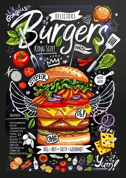 Їжа плакат, реклама, фастфуд, інгредієнти, меню, бургер. Нарізані овочі, булочка, котлета, сир, м'ясо, бекон. Yummy мультфільм стиль вектор Векторна Графіка