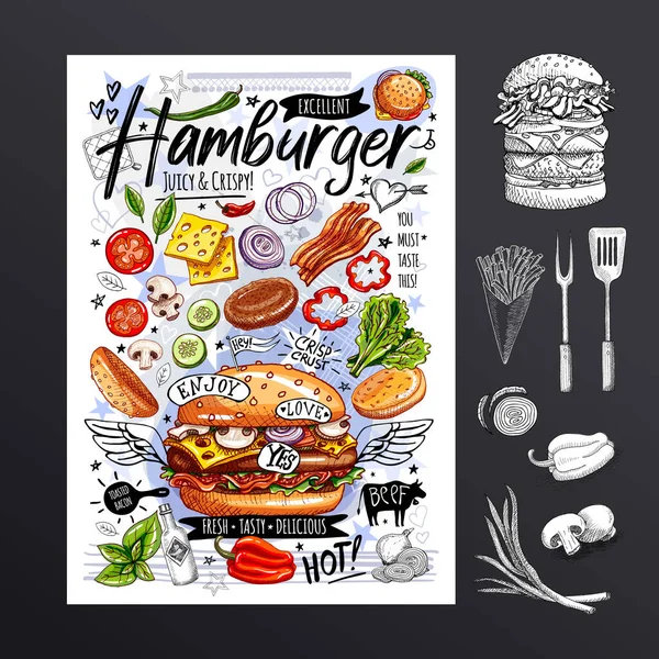 Voedselposter, reclame, fastfood, ingrediënten, menu, hamburger. Snijd groenten, broodjes, kotelet, kaas, vlees, spek. Lekkere tekenfilmstijl. vector Stockillustratie