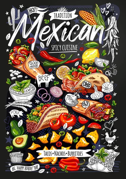 Voedselposter, reclame, fastfood, menu, Mexicaanse keuken, nachos, burrito 's, taco' s, snack. Avocado, kaas, bonen, maïs, kip. Lekkere tekenfilmstijl. Handgetekende vector Stockillustratie