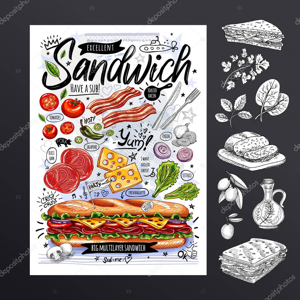 Food poster, ad, fast food, ingredients, menu, sandwich, sub, snack. Sliced veggies, cheese, ham, bacon. Yummy cartoon style vector