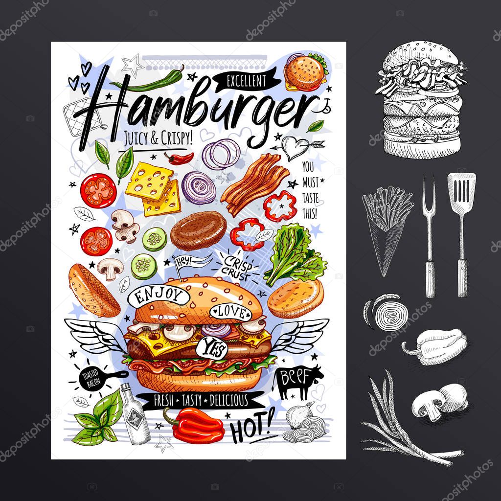 Food poster, ad, fast food, ingredients, menu, burger. Sliced veggies, bun, cutlet, cheese, meat, bacon. Yummy cartoon style. vector