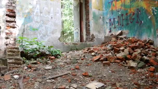 Opuštěná Budova Malovanými Zdmi Hromada Červených Cihel — Stock video