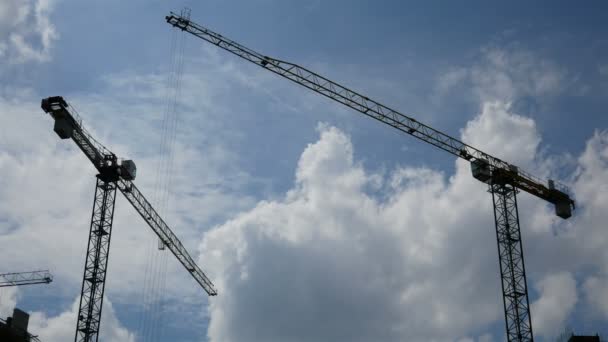 Construction Cranes Moving Blue Sky Clouds Floating — Stock Video