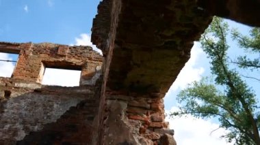 Çatısı olmayan eski terk edilmiş kırmızı tuğla bina. Beyaz bulutlu mavi gökyüzü ve penceresinde yeşil bir ağaç