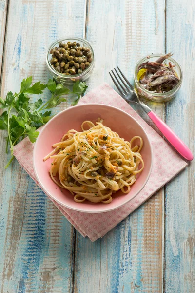 Pasta Anchovies Capers Parsley — Stock Photo, Image