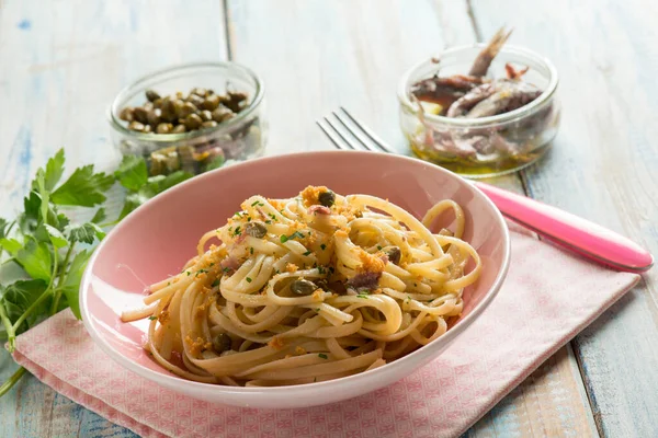 Pasta Anchovies Capers Parsley — Stock Photo, Image
